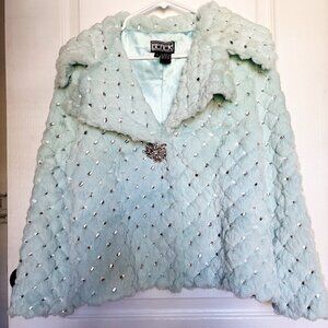 Berek Rabbit Fur Jacket Blue Embellished Crystal Vintage Glam Statement Coat S